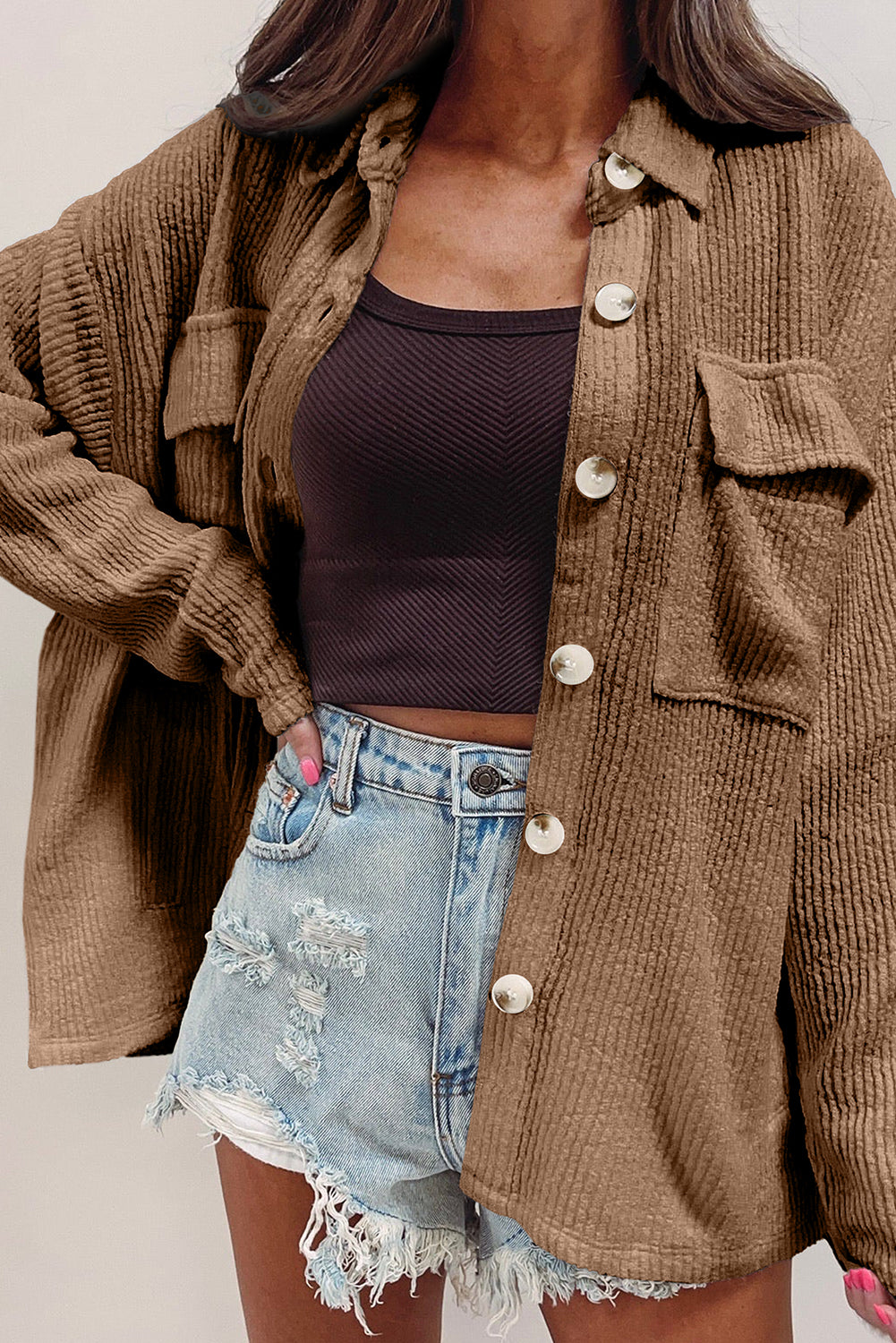 Solid Color Corduroy Buttoned Long Sleeve Jacket