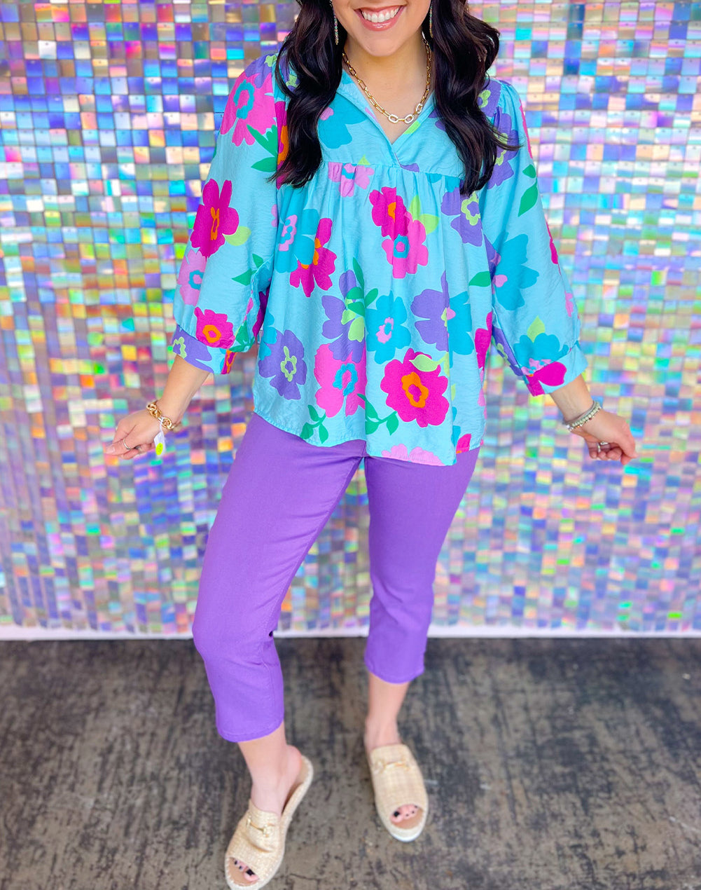 Plus Size Floral Print Notched V Neck Babydoll Blouse