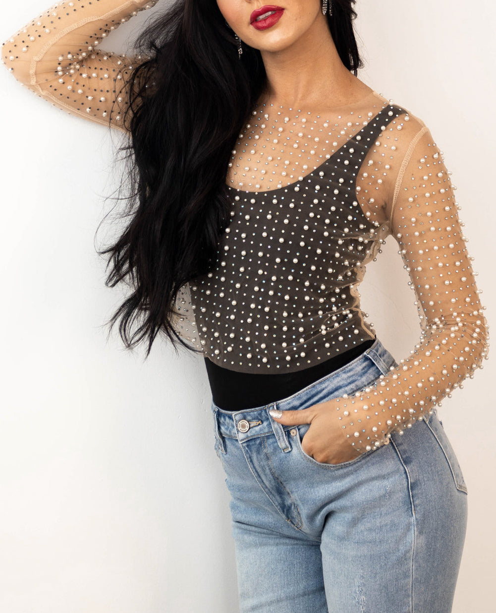 Pearl and Rhinestone Detail Sheer Mesh Top