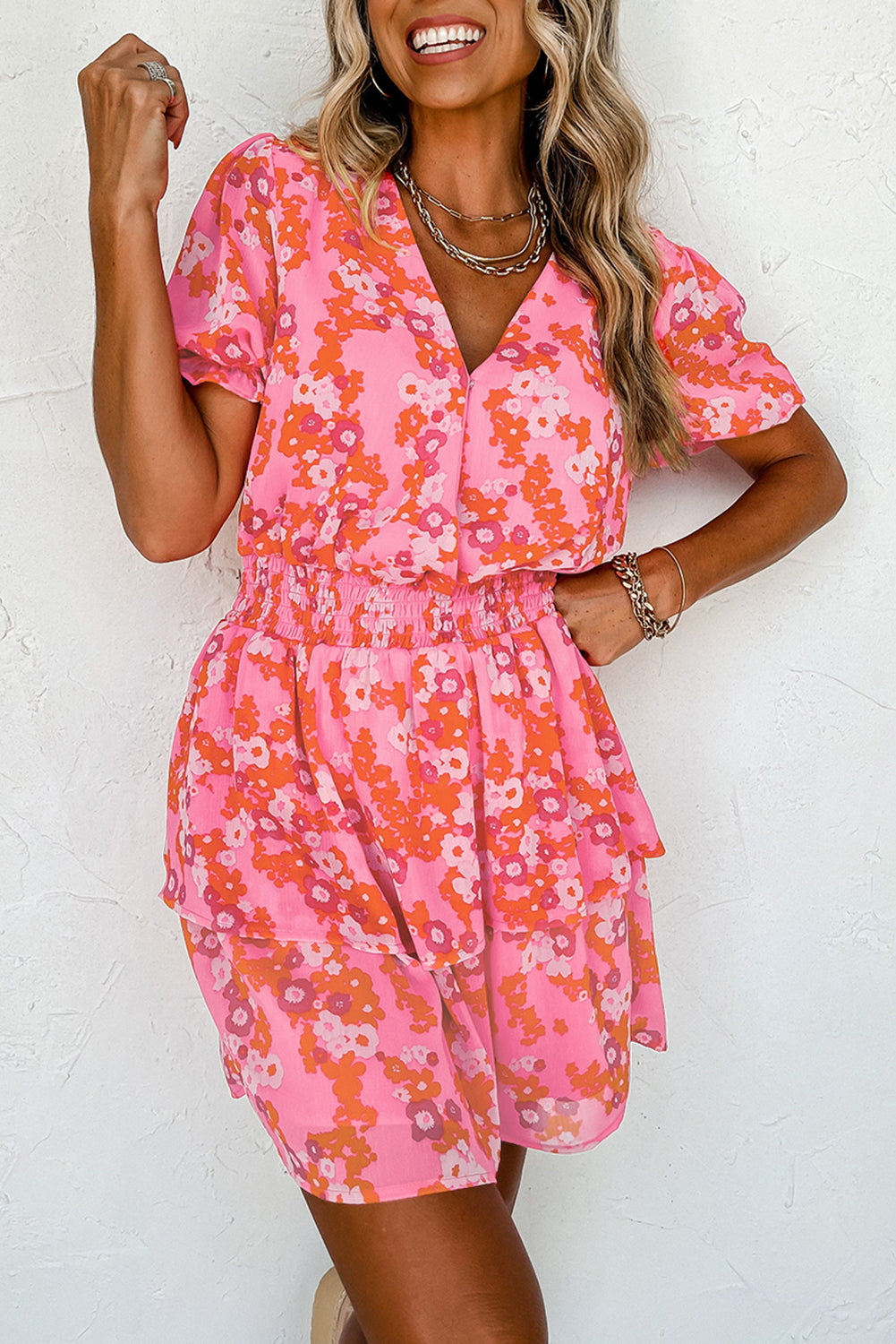 Floral V Neck Short Ruffle Tiered Dress