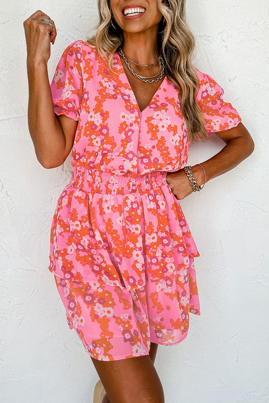Floral V Neck Short Ruffle Tiered Dress
