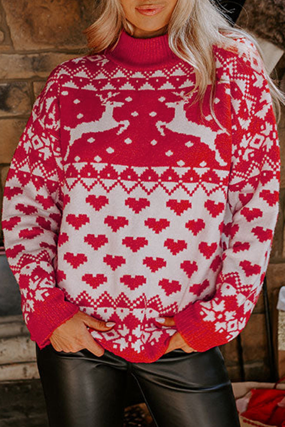 Merry Christmas Reindeer Heart Pattern High Neck Sweater