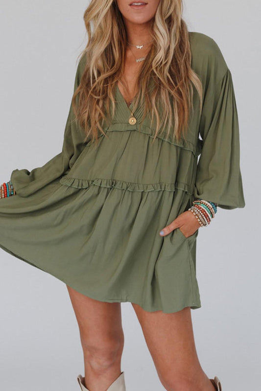 V Neck Puff Sleeve Frill Tiered Mini Dress