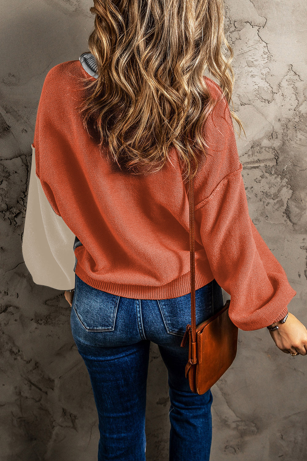 Colorblock Bishop Sleeve Ribbed Trim Sweater