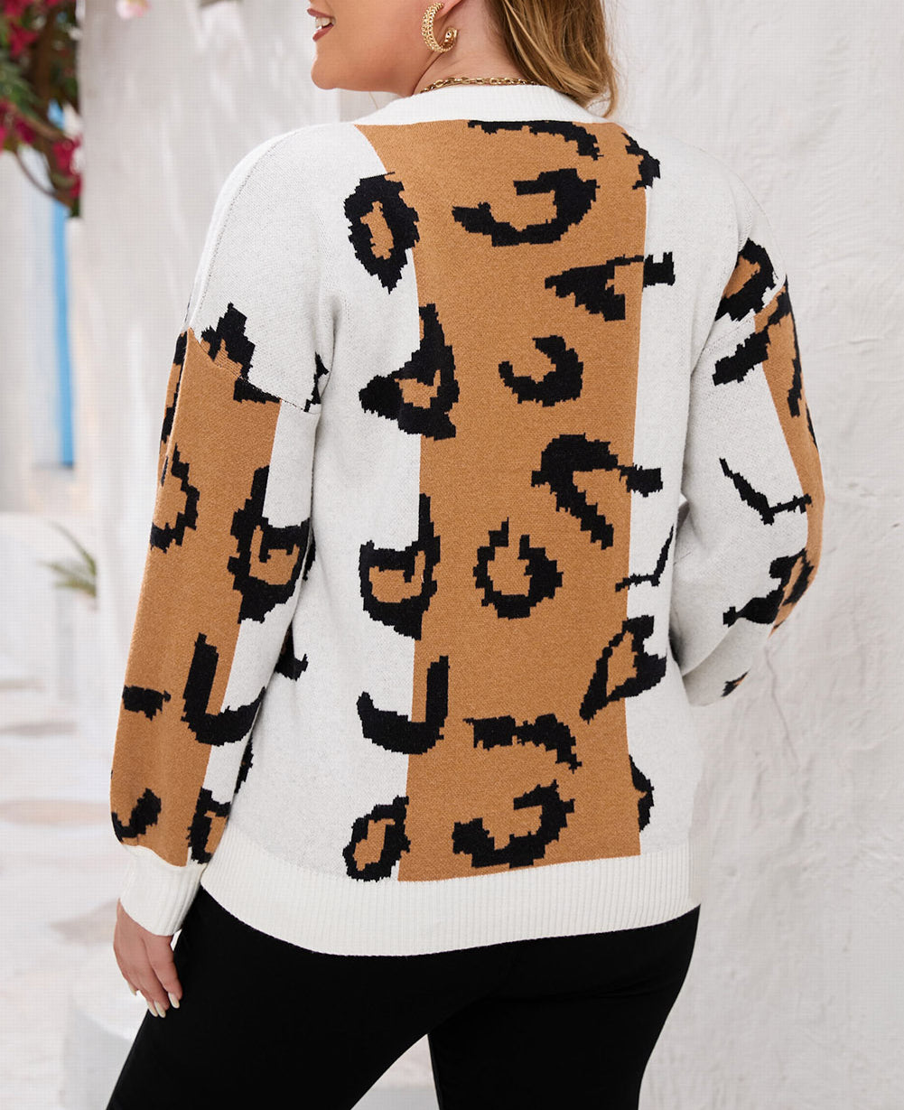 Leopard Print Colorblock Drop Shoulder Plus Size Sweater