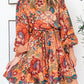 Orange Bubble Sleeve Belted Floral Dress