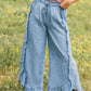 Light Wash Raw Hem Ruffled Wide Leg Jeans