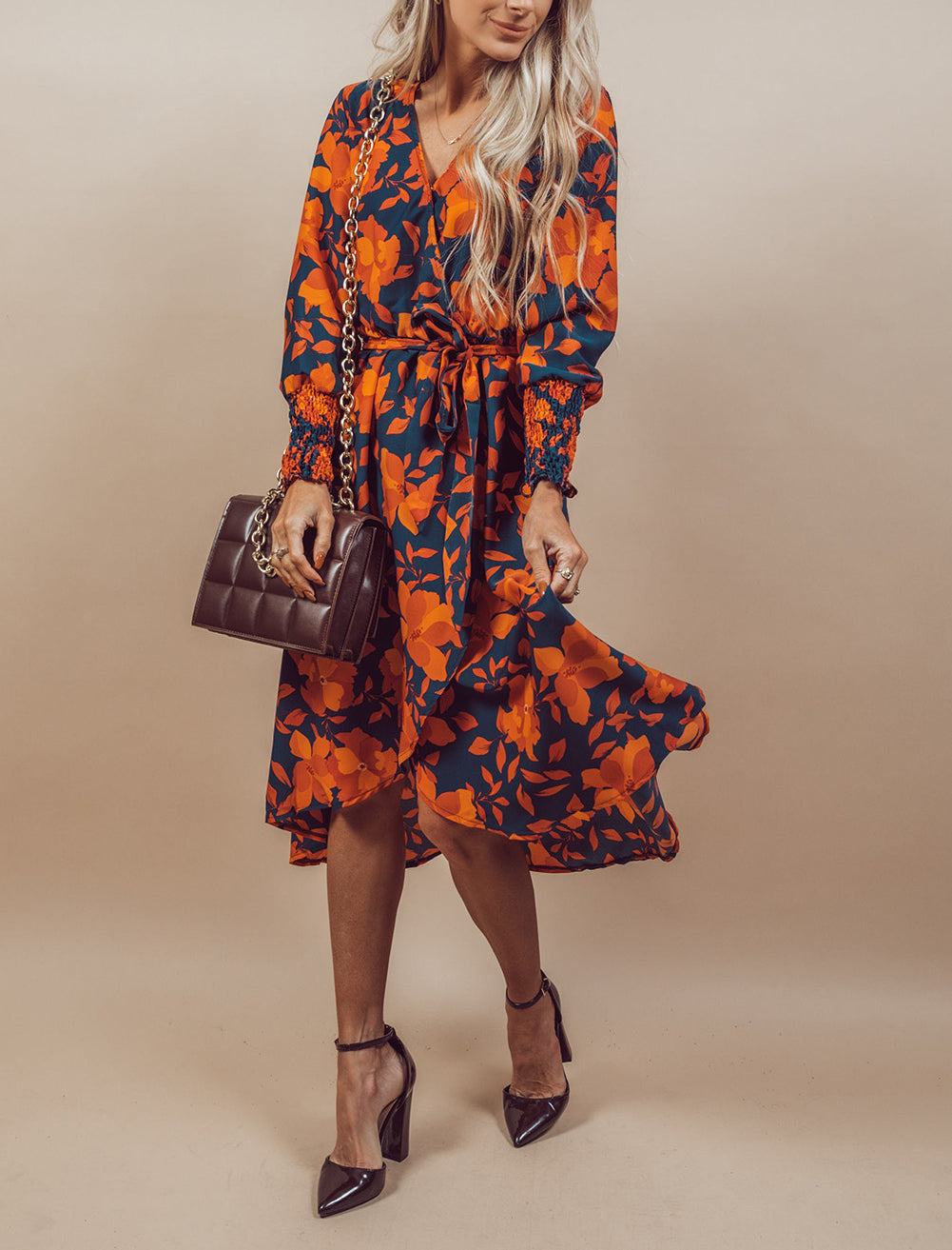Floral Print Faux Wrap Belted Dress