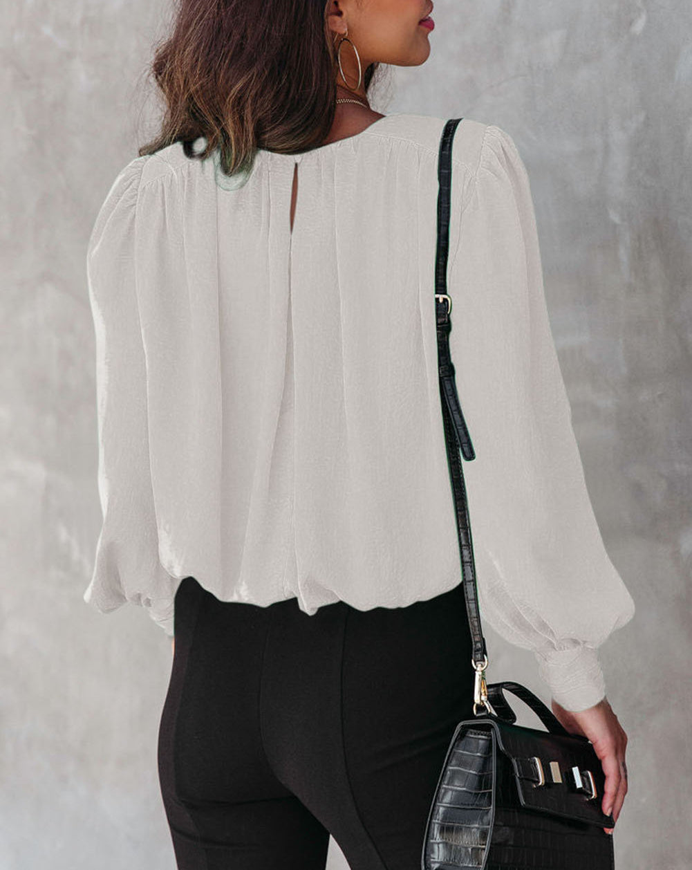 Padded Shoulder Buttoned Cuffs Pleated Loose Blouse