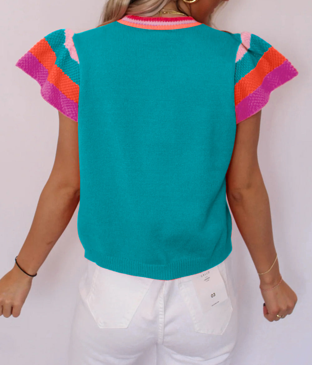 Contrast Flutter Sleeves Knitted Sweater T Shirt