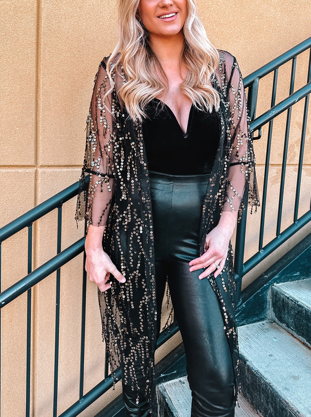 Sequin Sheer Long Sleeve Open Front Kimono