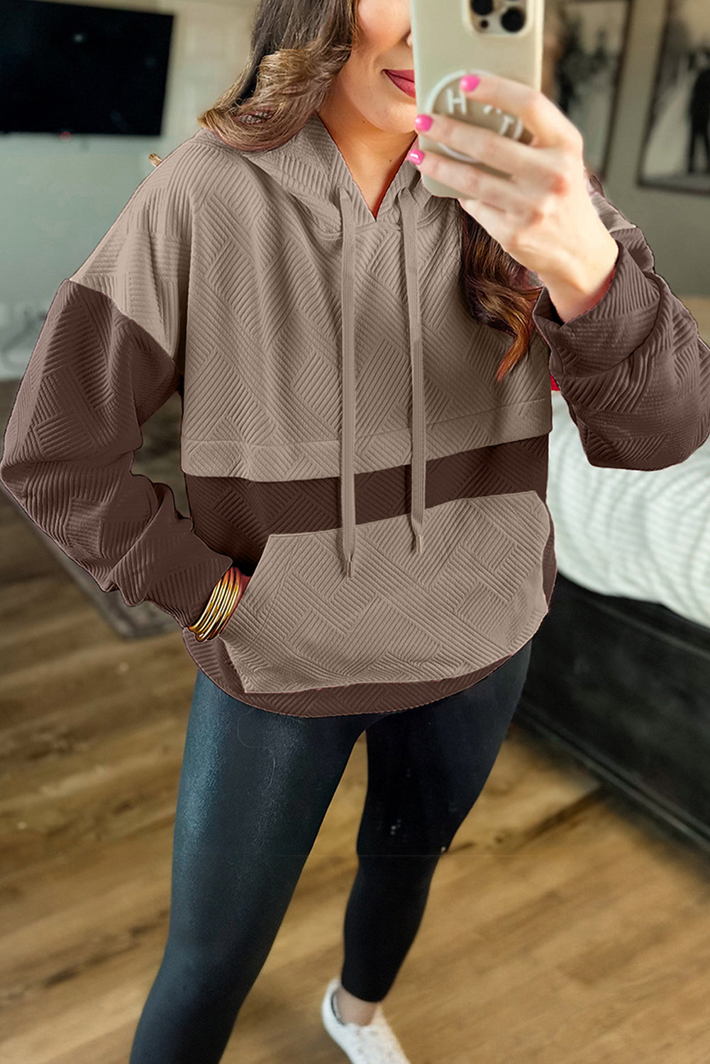 Textured Color Block Kangaroo Pocket Drop Shoulder Hoodie