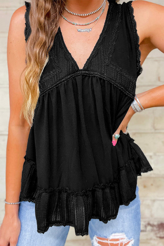 Lace Splicing V Neck Ruffled Babydoll Tank Top