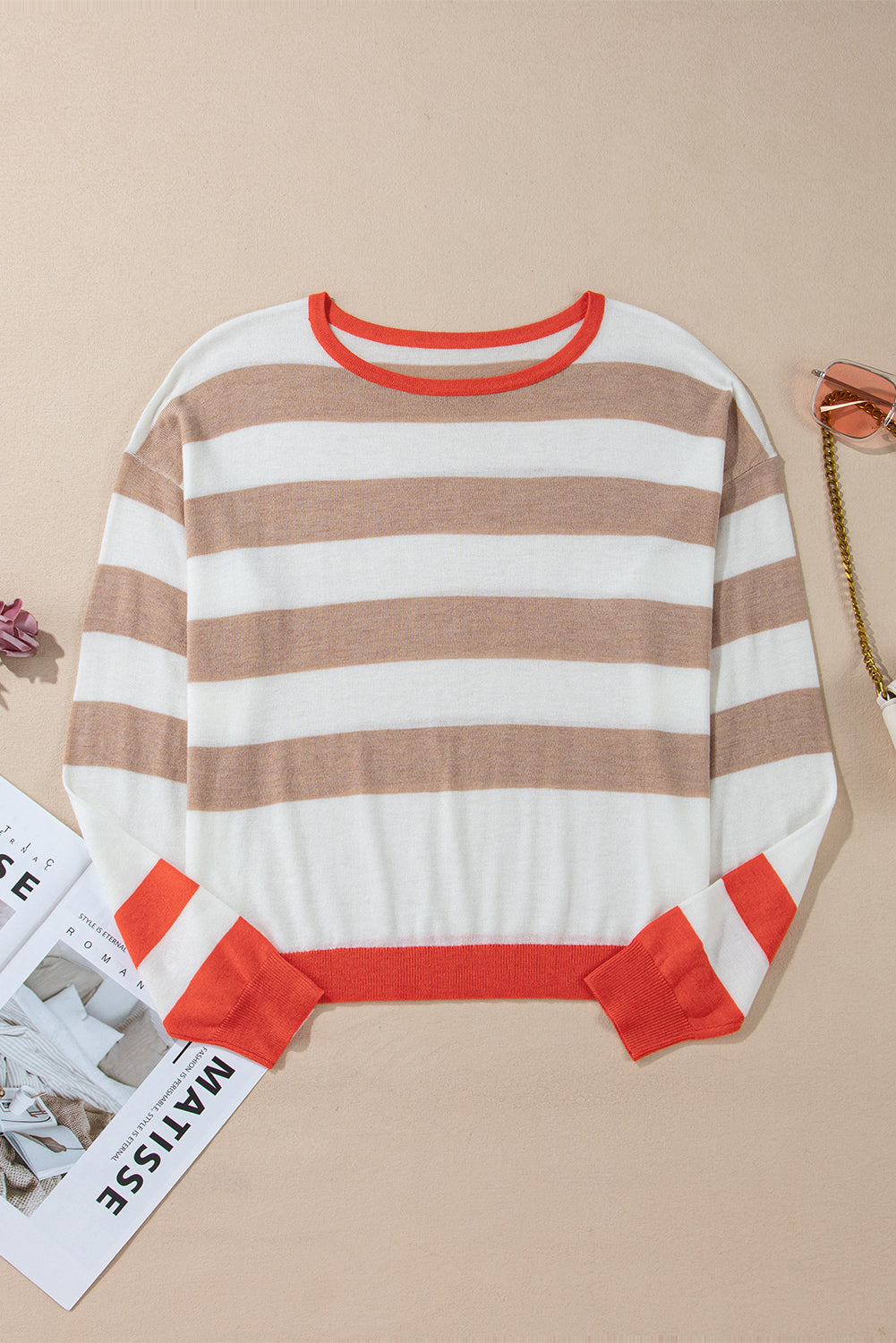 Colorblock Striped Round Neck Drop Shoulder Sweater