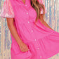 Sequined Bubble Sleeve Tiered Ruffled Shirt Dress