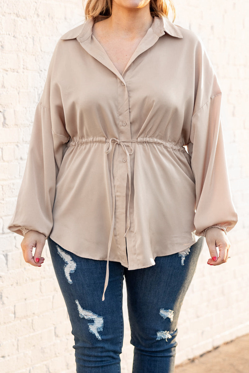 Plus Size Puff Sleeve Tied Tunic Shirt