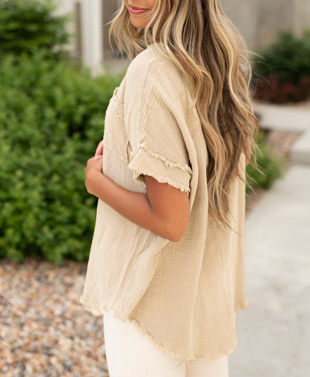 Textured Frayed Trim Half Button Short Sleeve Top