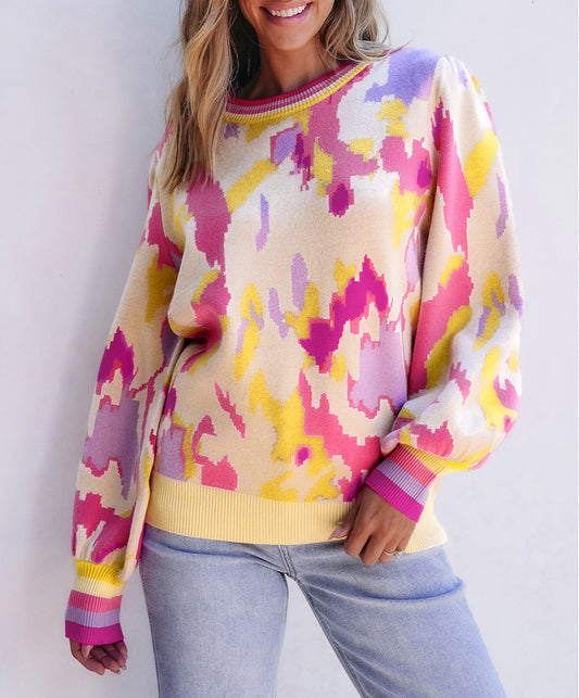 Abstract Print Colorblock Balloon Sleeve Sweater