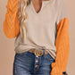 Corduroy Patchwork Drop Shoulder V Neck Top