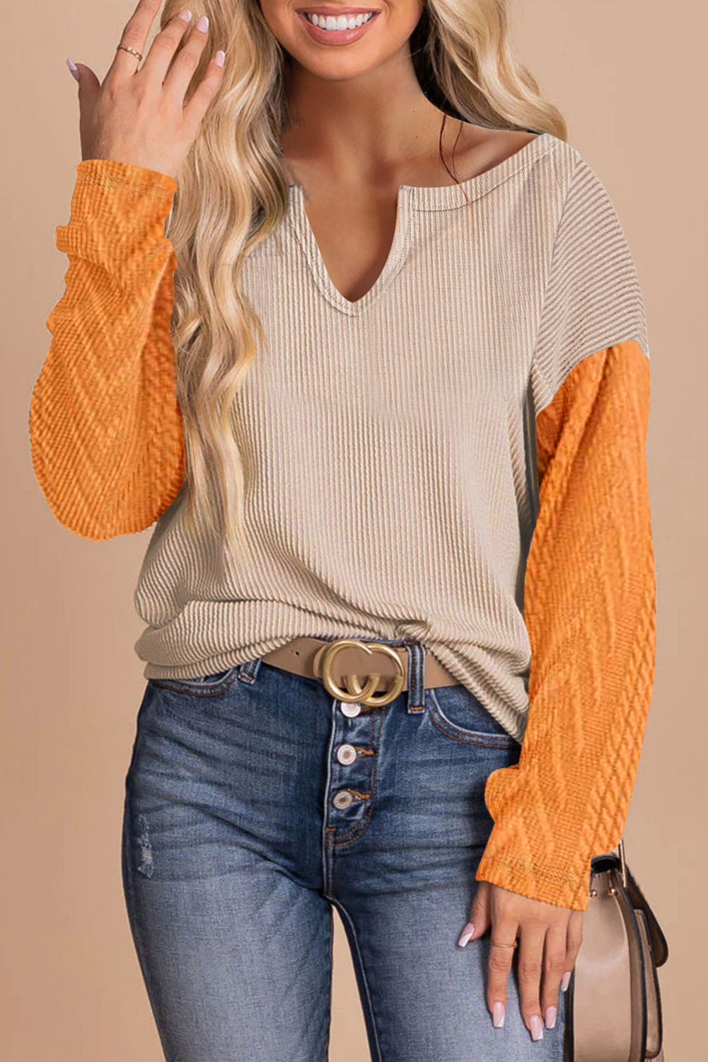 Corduroy Patchwork Drop Shoulder V Neck Top