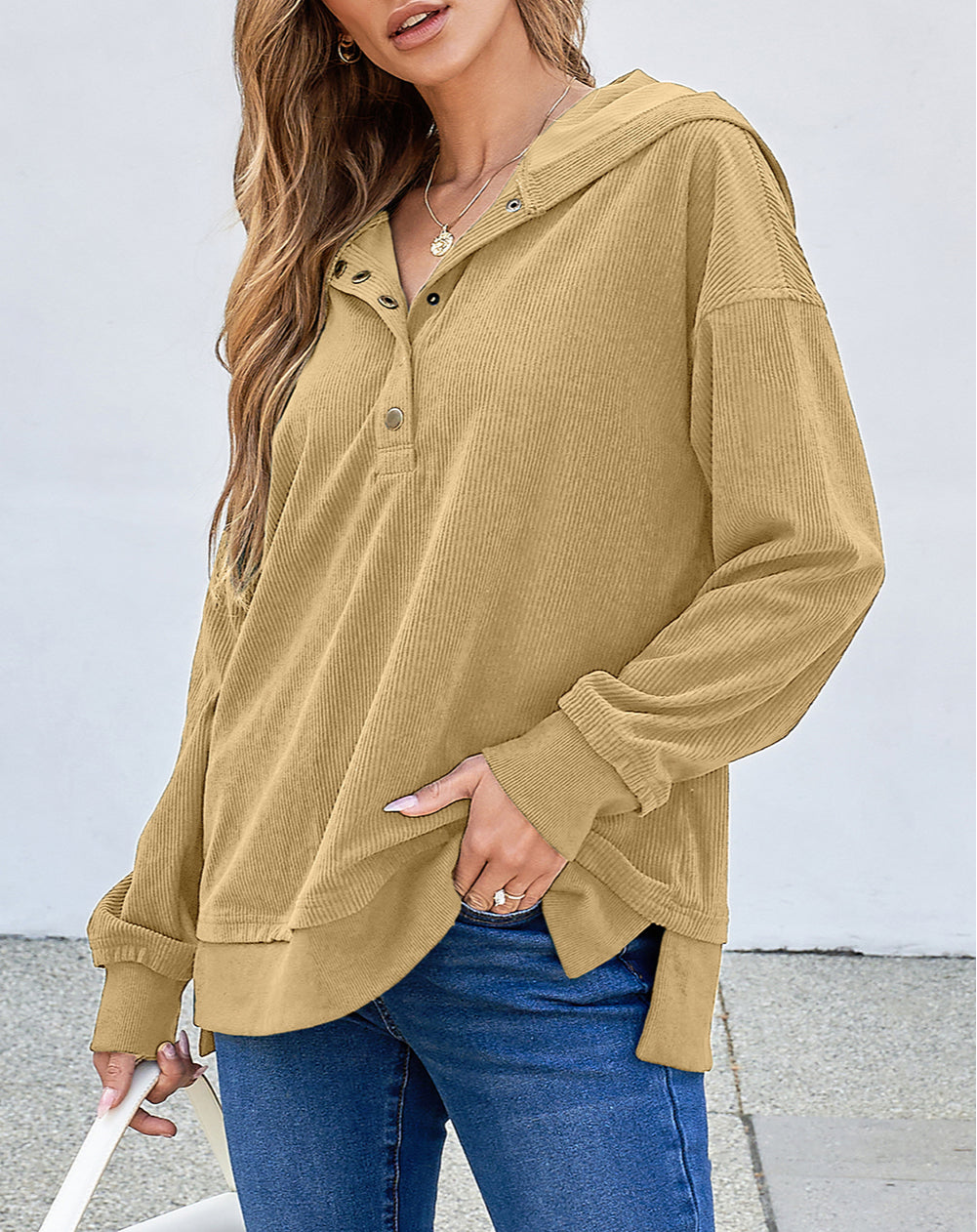 Solid Ribbed Knit Buttoned Drop Shoulder Oversized Hoodie