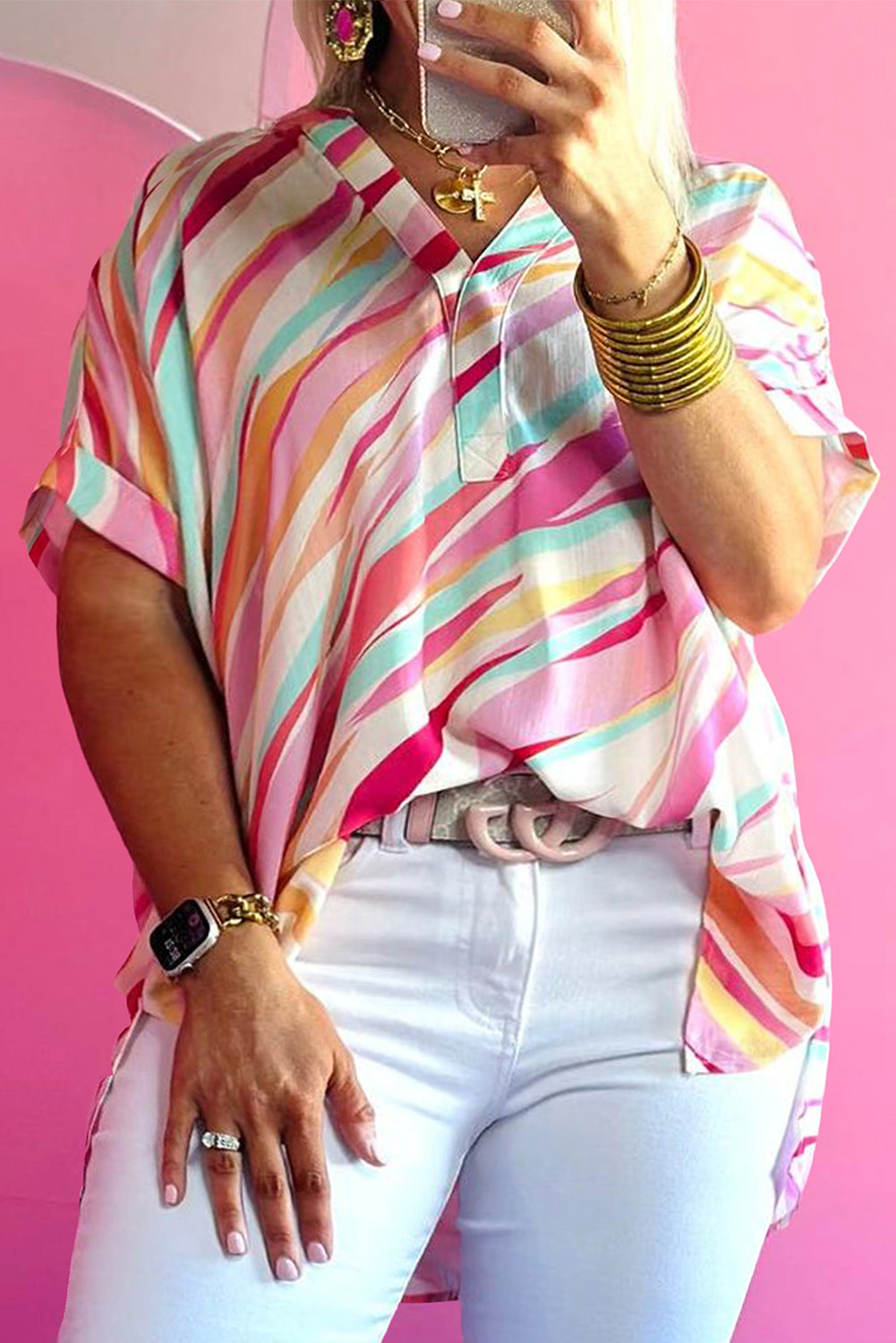 Abstract Print Short Sleeve Notched Neck Plus Size Top