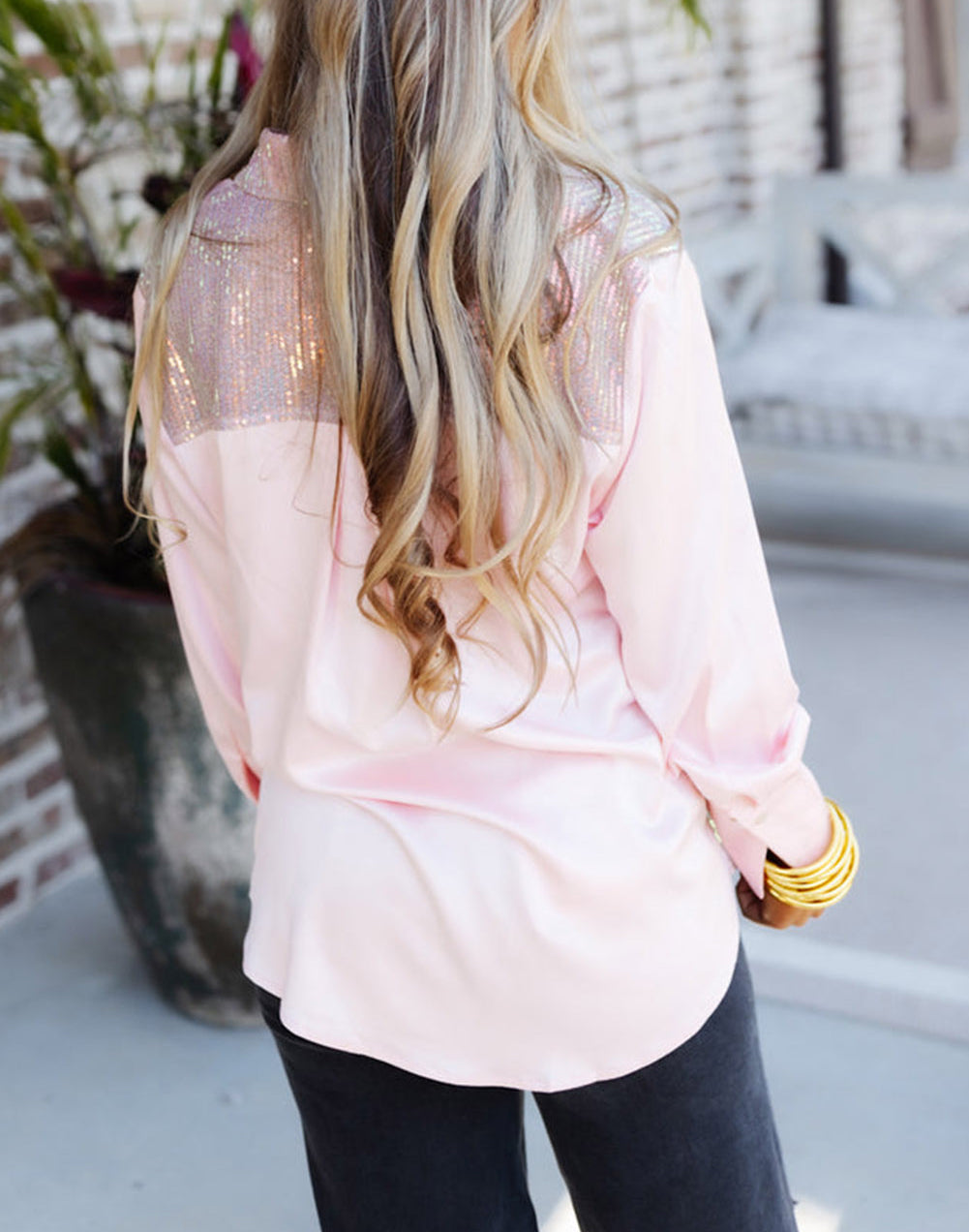 Sequin Colorblock Long Sleeve Shirt