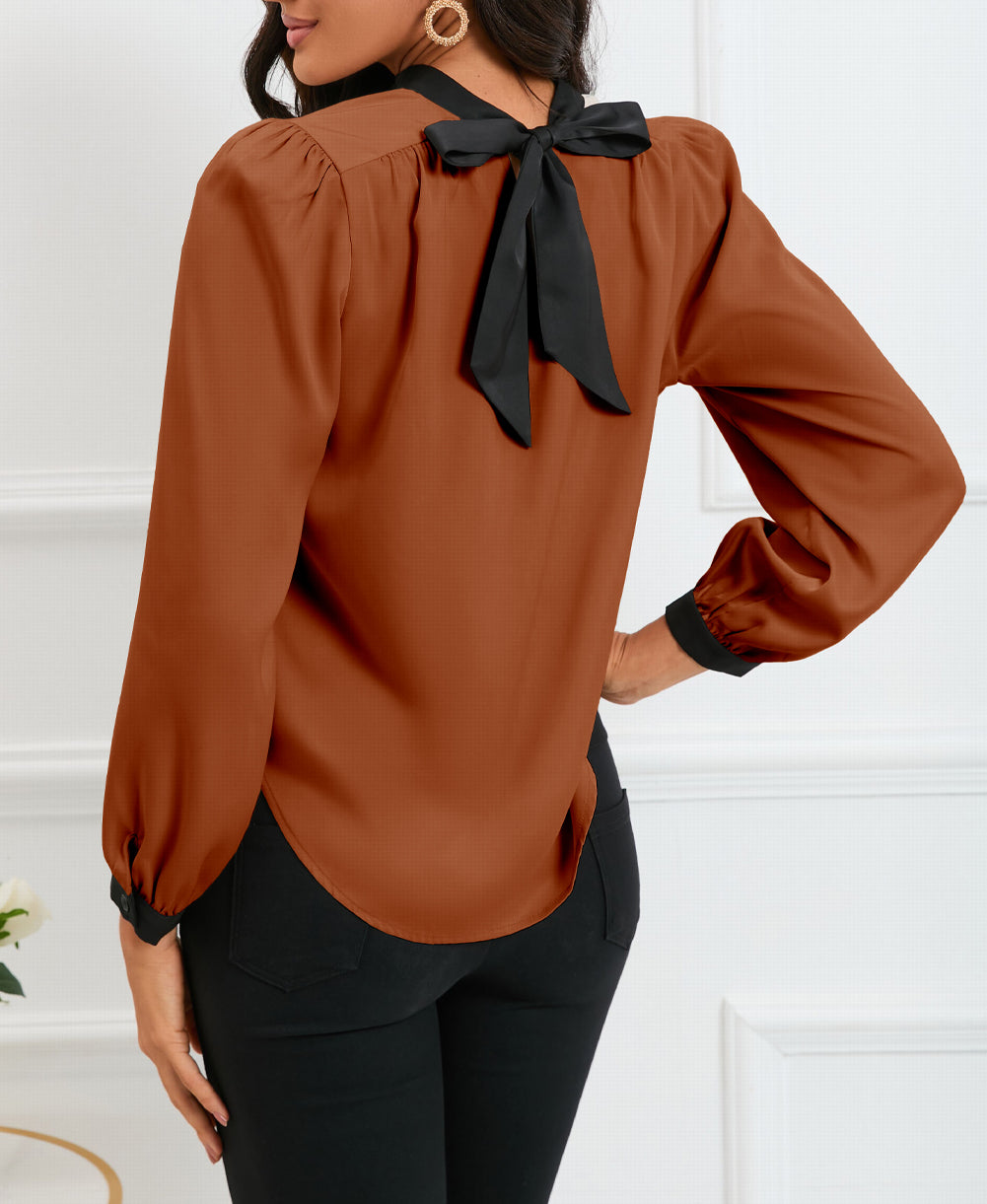 Color Block Bow Back Mock Neck Blouse