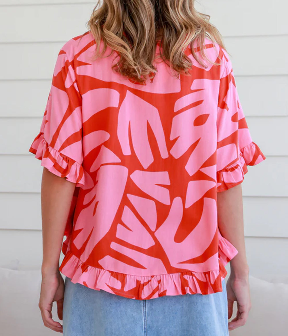 Abstract Palm Printed Ruffled Top and Wide Leg Pants Set