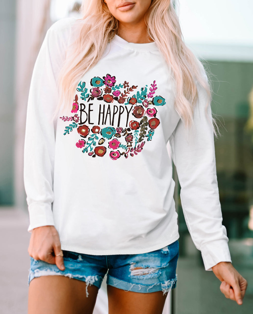 Be Happy Floral Print Crewneck Long Sleeve Top