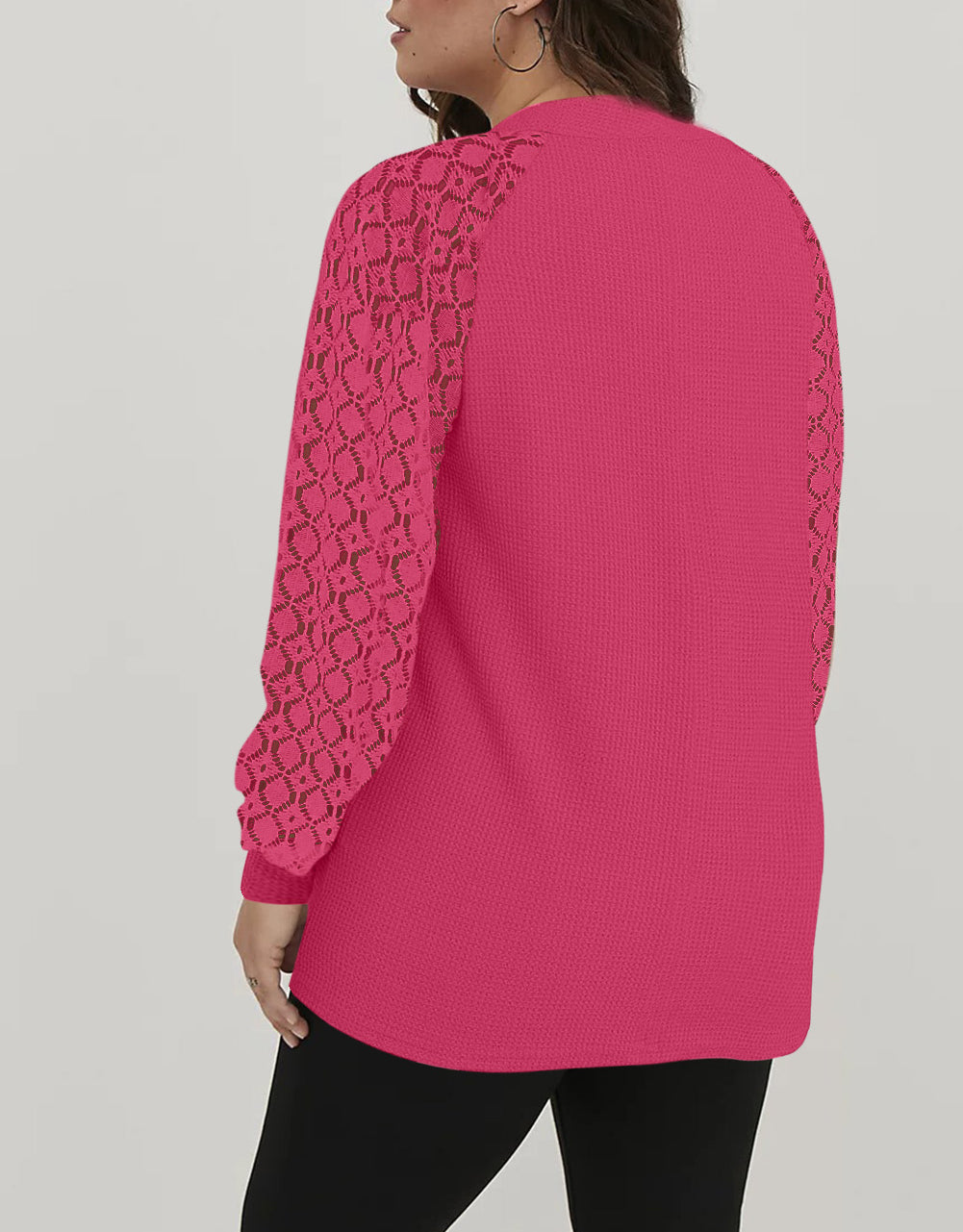 Plus Size Contrast Lace Sleeve Waffle Knit Top