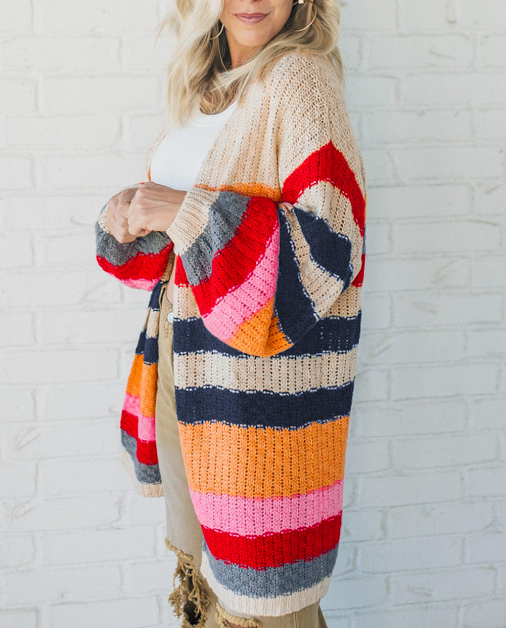 Knitted Balloon Sleeve Open Cardigan