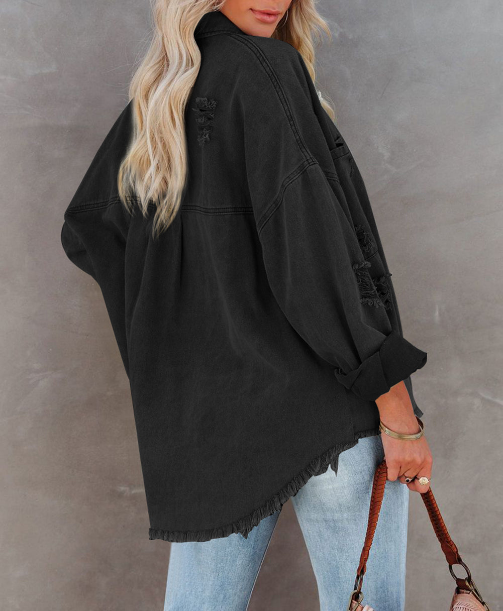 Distressed Fringe Trim Denim Jacket