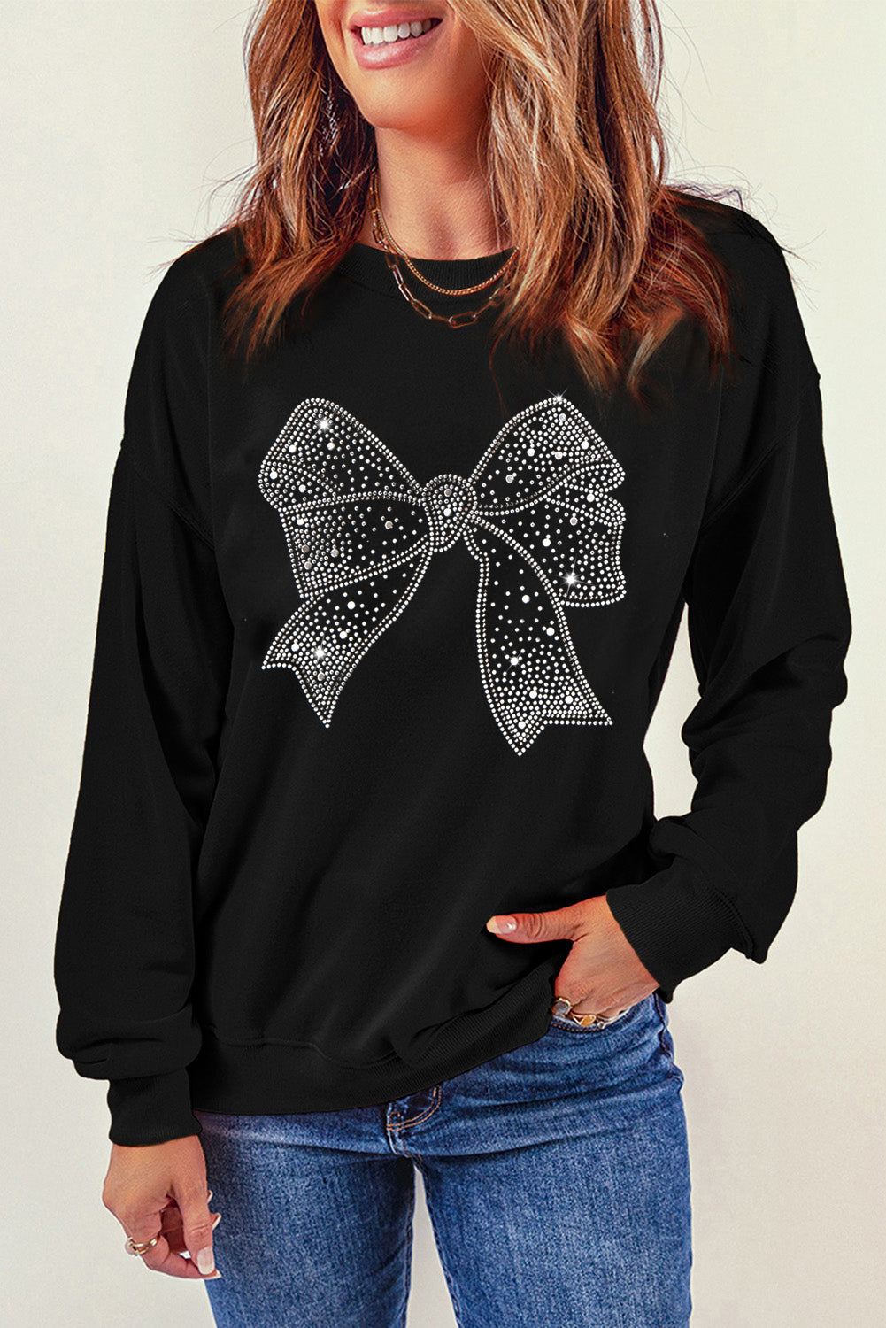 Rhinestone Bowknot Graphic Crewneck Pullover Sweatshirt