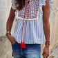 Stripe Geo Pattern Embroidered Tassel Flutter Blouse