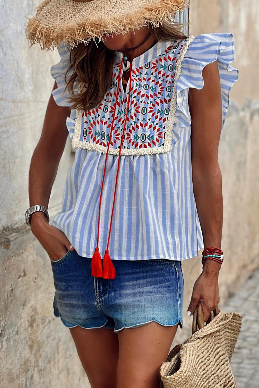 Stripe Geo Pattern Embroidered Tassel Flutter Blouse