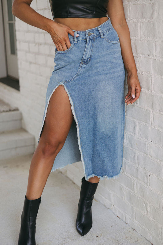 Frayed Slit Asymmetric Denim Midi Skirt