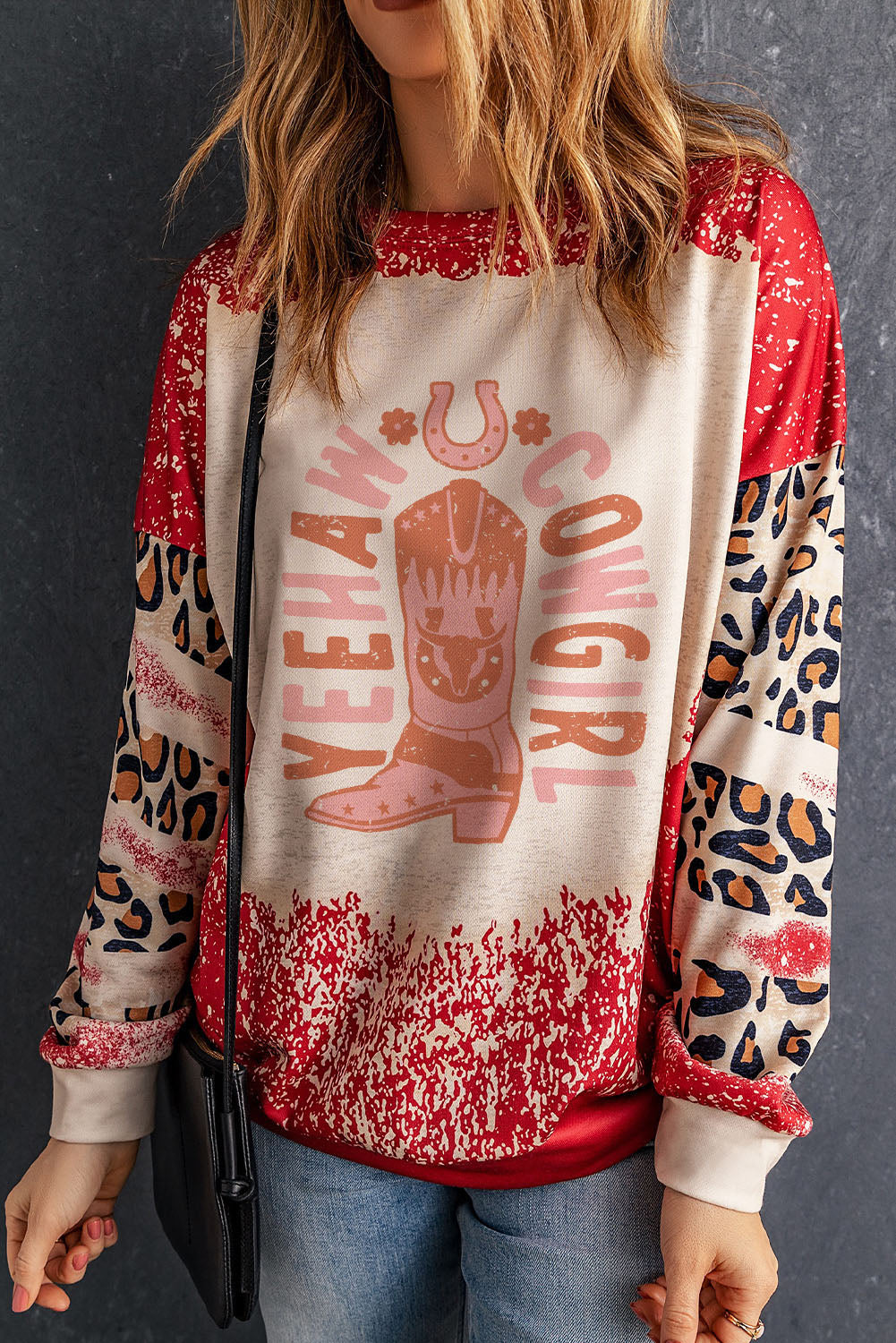 YEEHAW COWGIRL Graphic Bleached Scatter Leopard Sleeve Sweatshirt