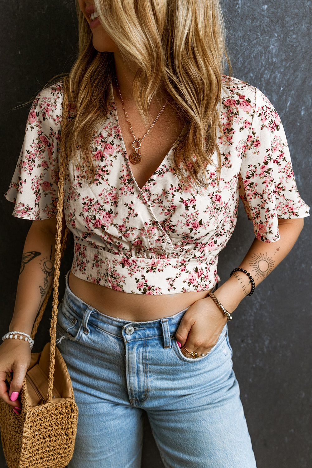 Floral Print V Neck Wrapped Cropped Blouse