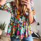 Floral Print Bubble Sleeve V Neck Ruffled Blouse