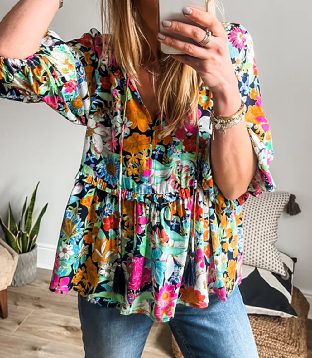 Floral Print Bubble Sleeve V Neck Ruffled Blouse