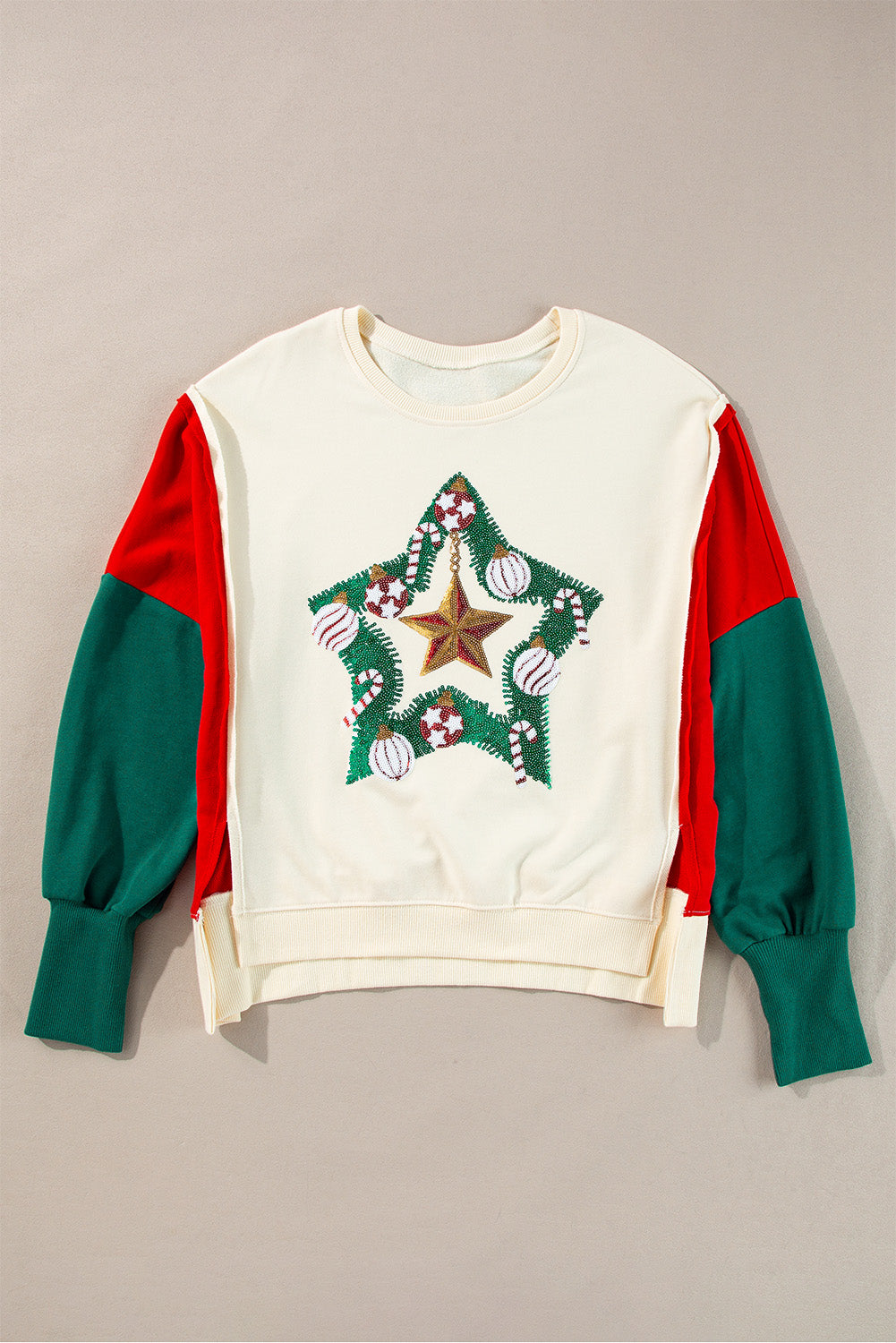 Christmas Tinsel Star Side Slits Colorblock Sweatshirt