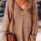 Loose Eyelet V Neck Drop Shoulder Sweater