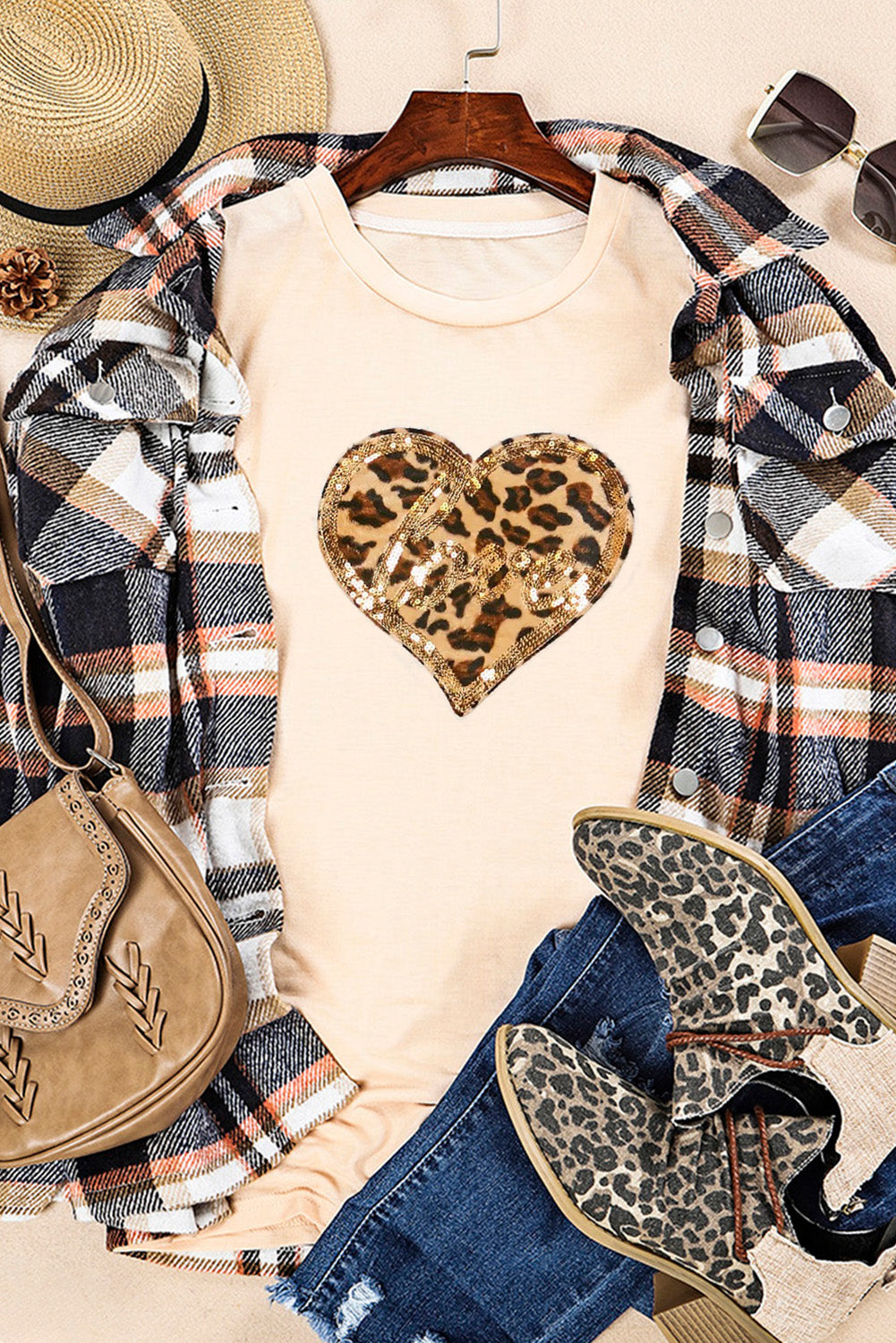 Sequined Leopard Love Heart Print Crew Neck T Shirt