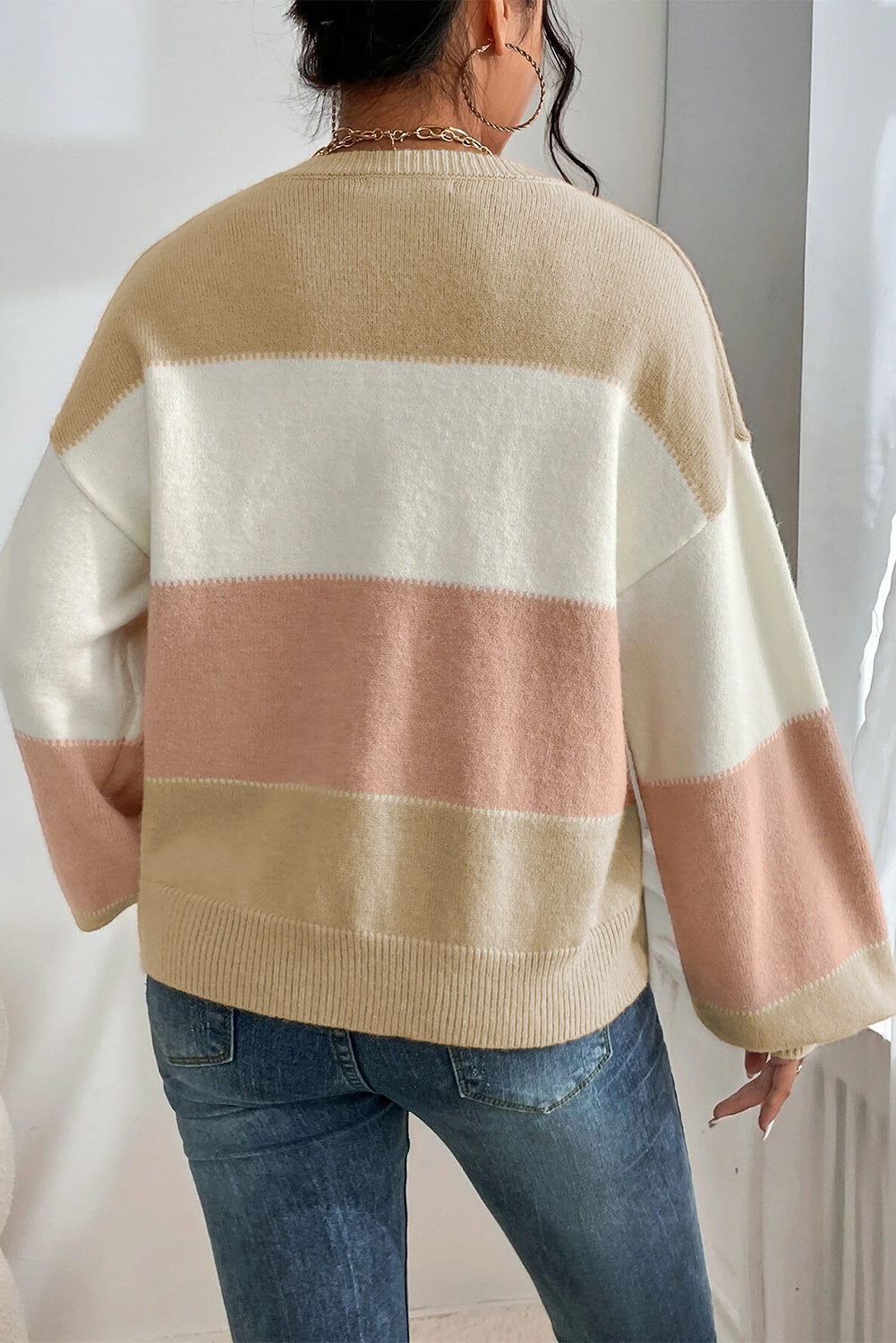 Color Block Lantern Sleeve Drop Shoulder Sweater