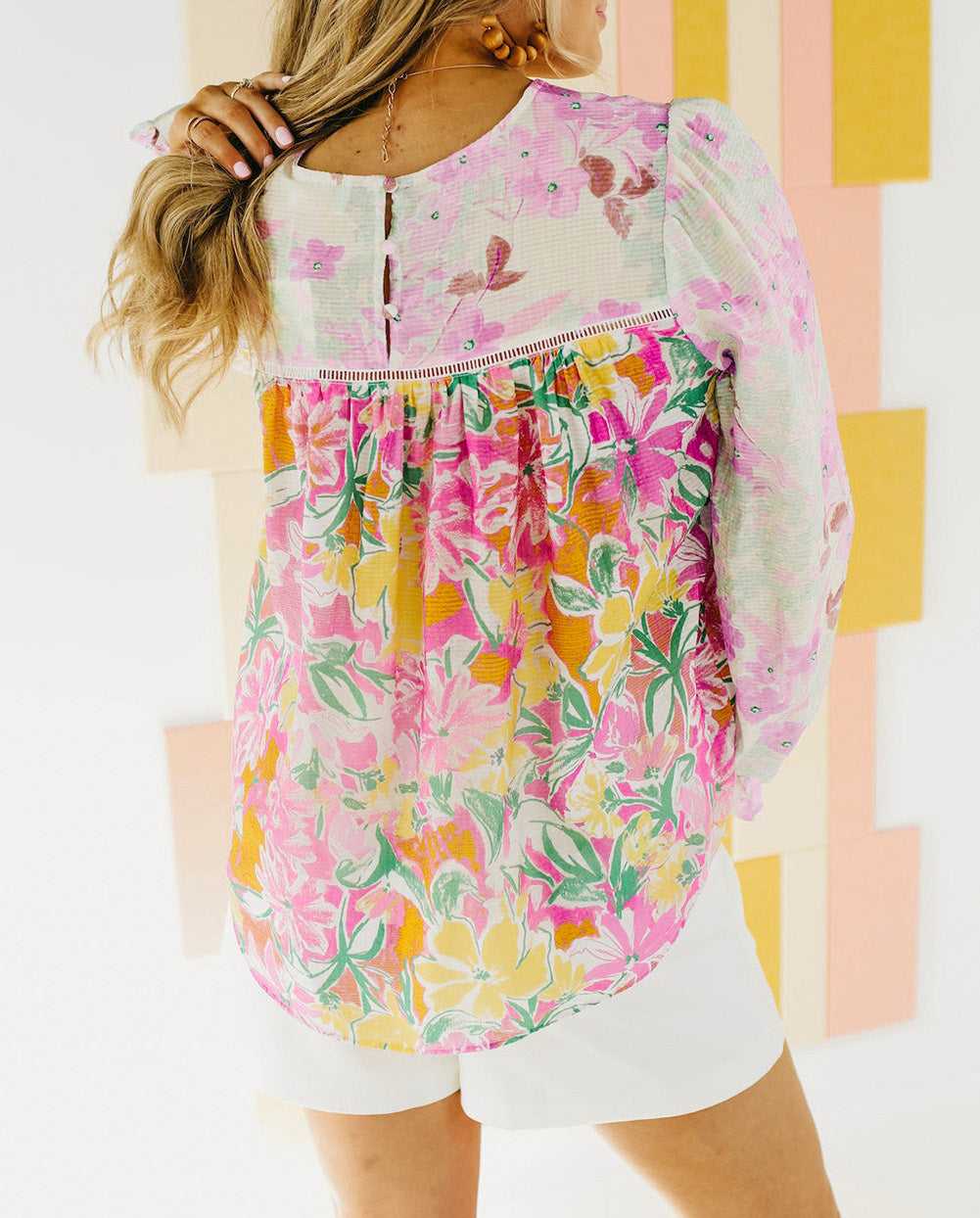 Floral Patchwork Lace Trim Blouse