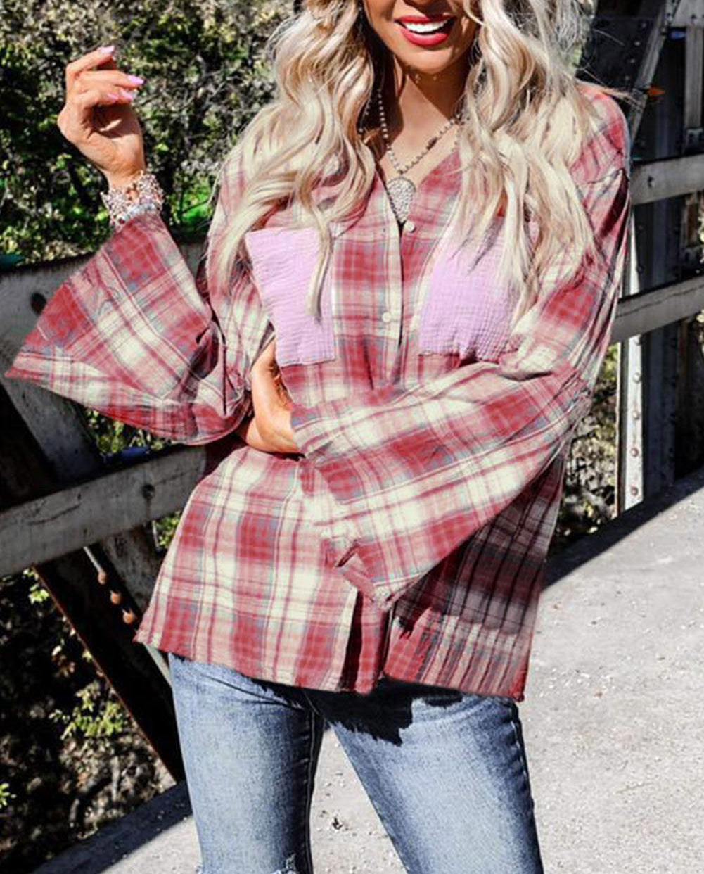 Contrast Patchwork Raw Edge Distressed Plaid Shirt