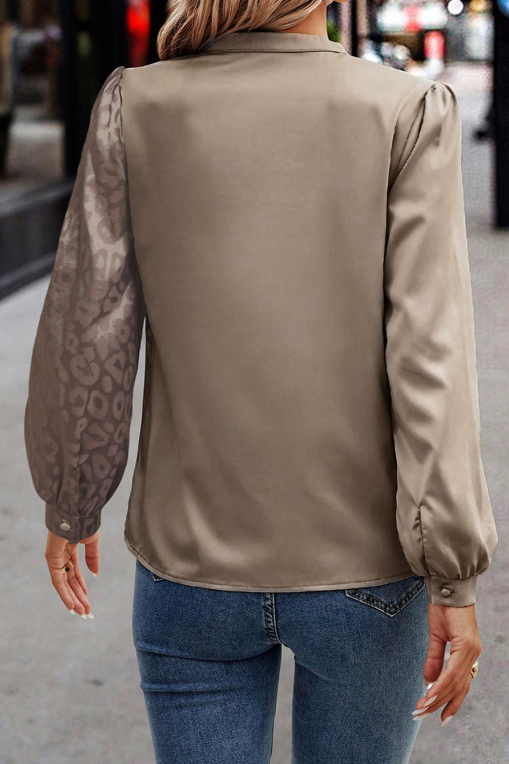 Contrast Half Leopard Jacquard Satin Blouse