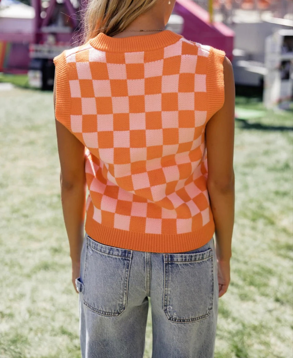 Checkered V Neck Knitted Sweater Vest