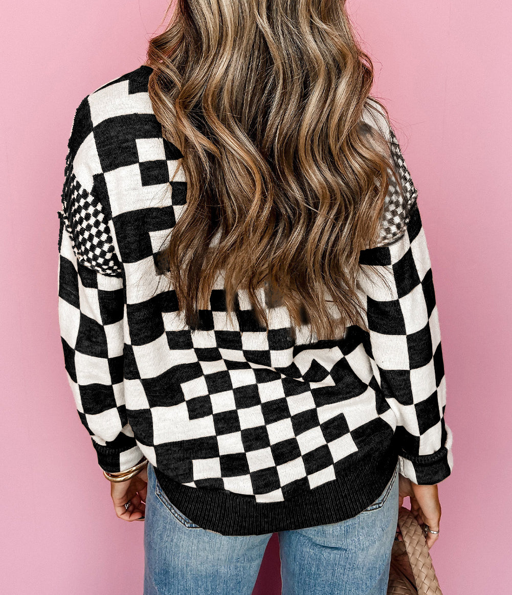 Checkered Print Drop Shoulder Round Neck Sweater